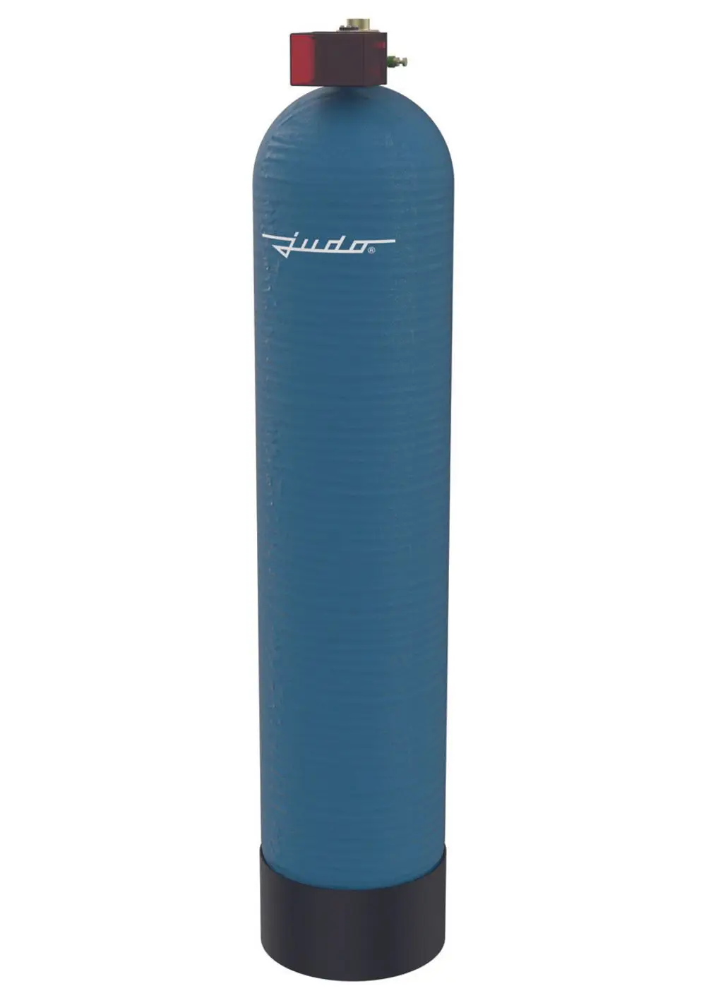 Blauer Zylinder mit gewellter Oberfläche, ausgestattet mit einem Ventil und einem roten Teil oben. Das Produkt trägt die Marke Judo.